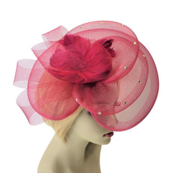 Red Fascinator with Soft Sinamay and Crinoline Layered Bows - Picture 4 of 15